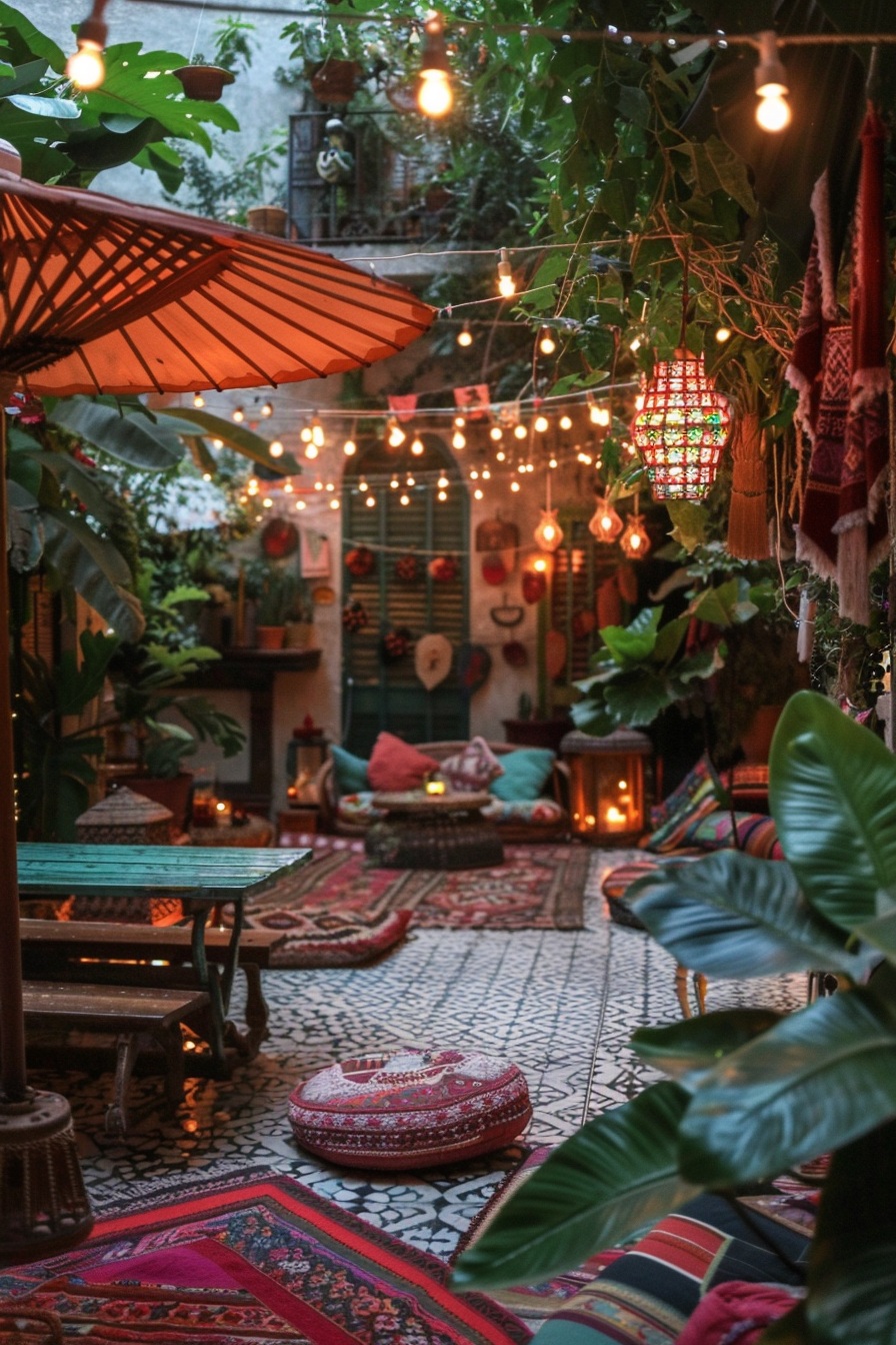 Cozy bohemian-style courtyard with patterned rugs, cushions, string lights, and lush greenery.