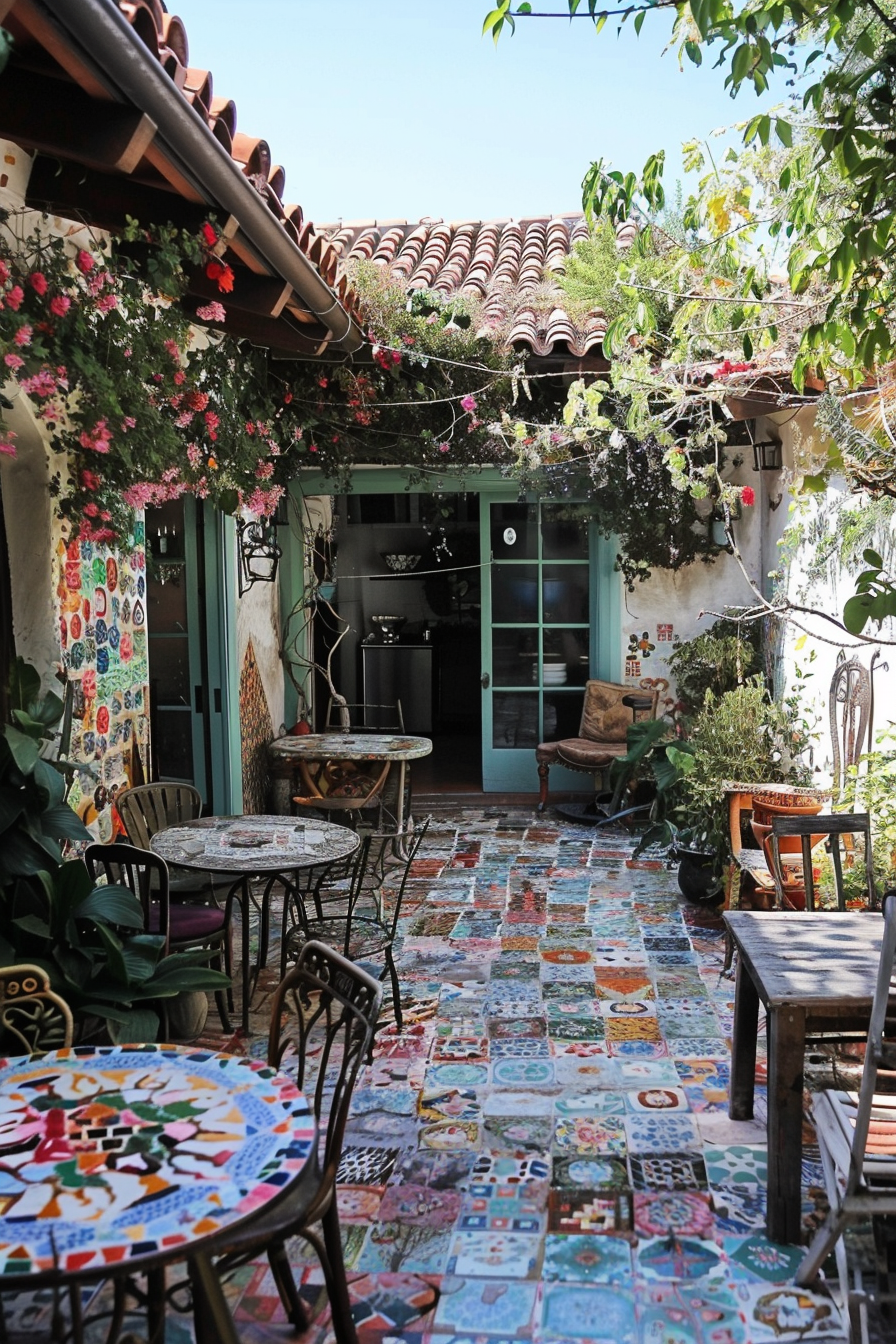 A colorful tiled patio with wrought-iron furniture, blooming flowers, and a quaint house entrance with teal doors.