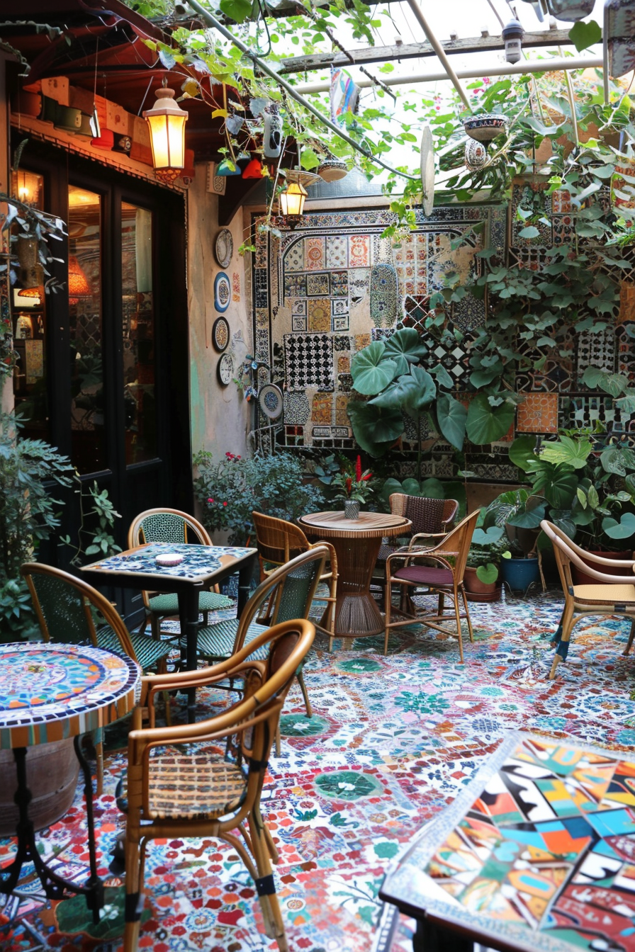Charming café patio with colorful mosaic tiles, eclectic wall plates, greenery, and rattan chairs under a glass roof.