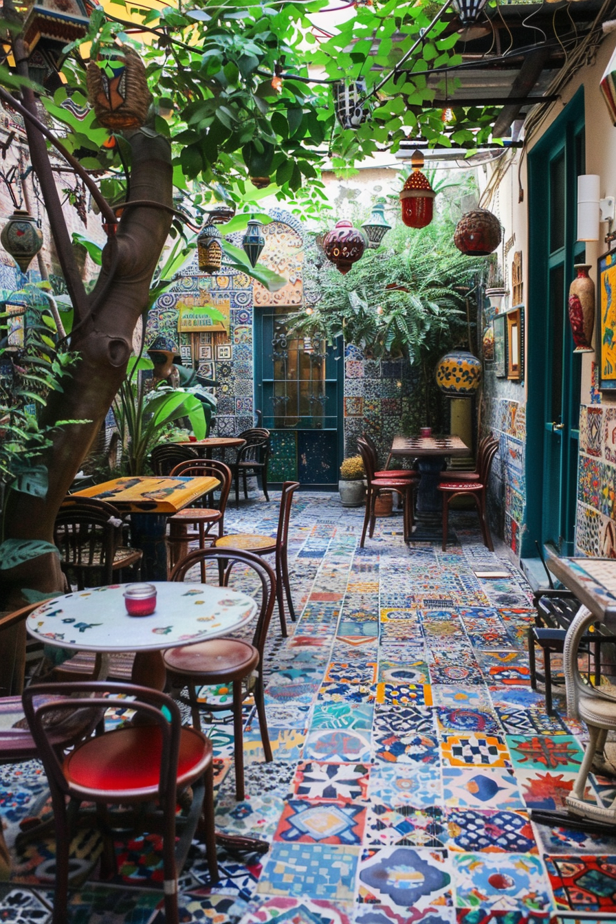A vibrant and colorful cafe interior with patterned tiles, lush green plants, and eclectic hanging lanterns.