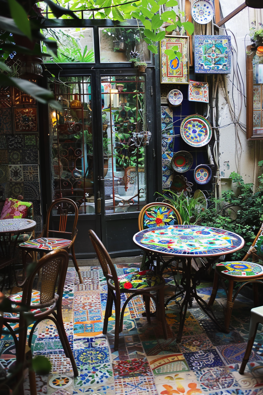 Cozy bohemian-style courtyard with colorful mosaic tables and chairs, tiled floor, and decorative hanging plates.