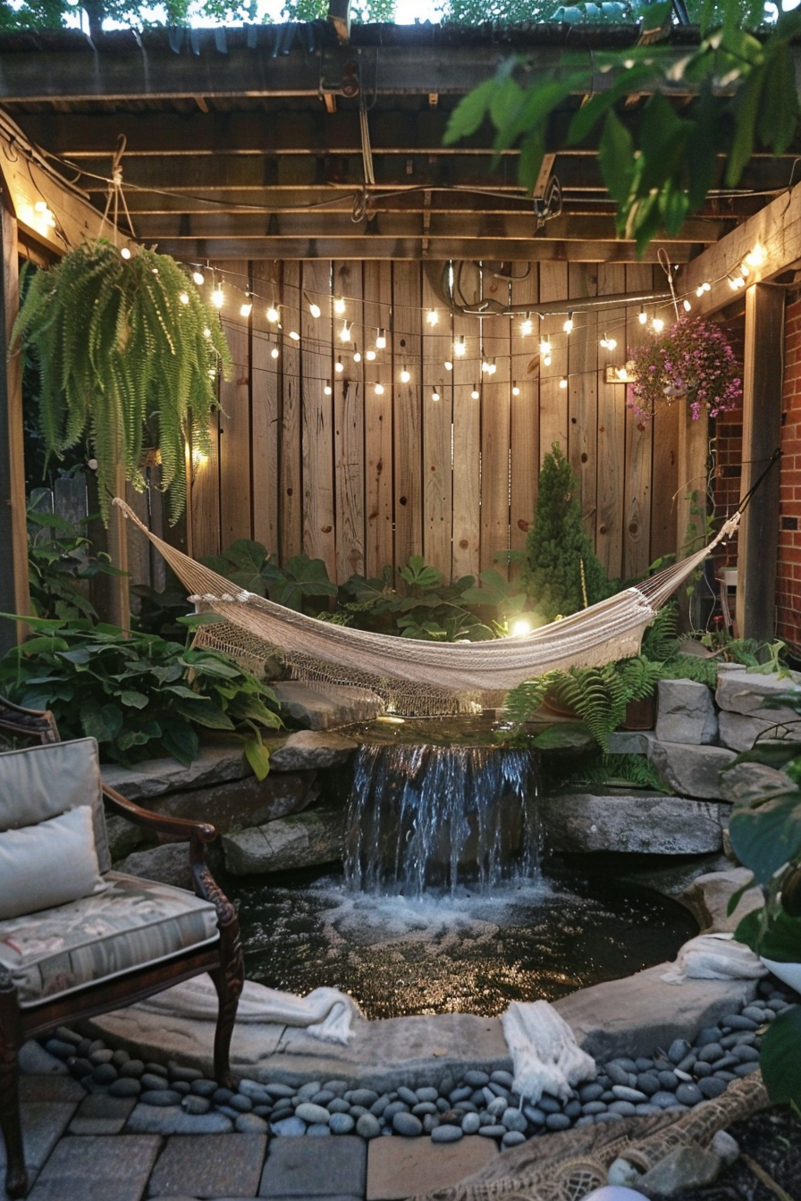 Cozy backyard at dusk with a hammock, twinkling string lights, lush greenery, and a tranquil waterfall into a small pond.
