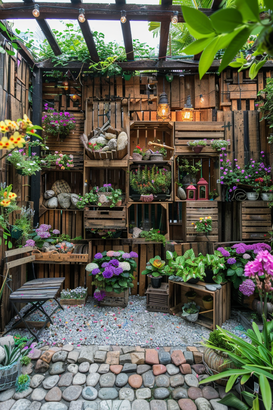 Cozy garden patio with wooden shelves of plants, hanging lights, and a cobblestone path.