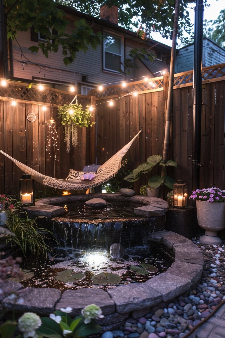 Cozy backyard at dusk with string lights, a hammock, and a pond surrounded by flowers and stones.