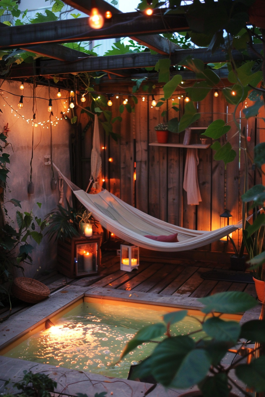 Cozy evening in a backyard with string lights, a hammock, candles, and a small pool surrounded by plants.