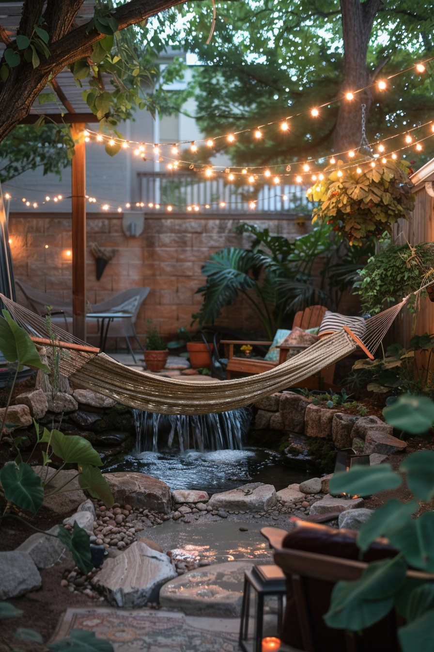 "Cozy backyard with string lights above, a hammock over a small waterfall and pond, surrounded by plants and outdoor furniture."