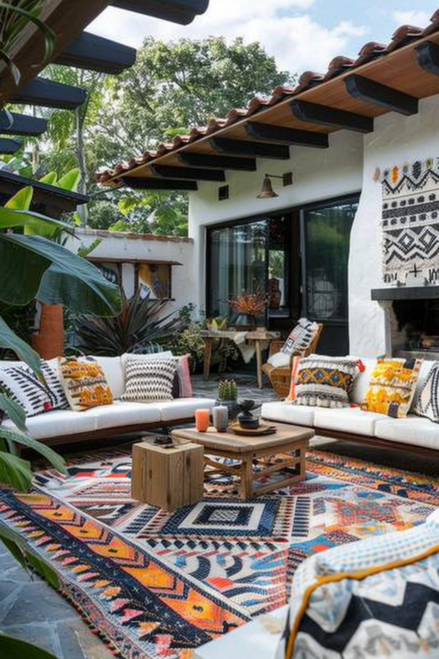 Outdoor living area with bohemian decor, colorful rugs, white sofa with patterned pillows, and green plants, under a pergola.
