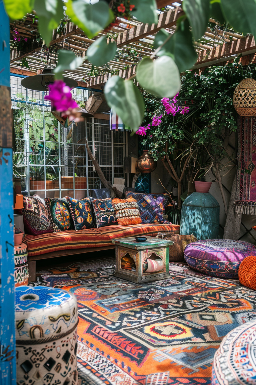 Vibrant bohemian-style patio with colorful patterned textiles, cushions, and rugs, surrounded by lush plants and flowers.
