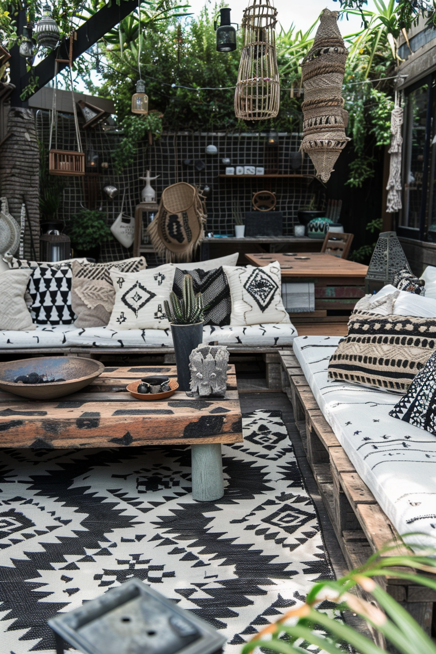 Outdoor patio setting with bohemian decor, patterned textiles, hanging lights, and rustic wooden furniture.