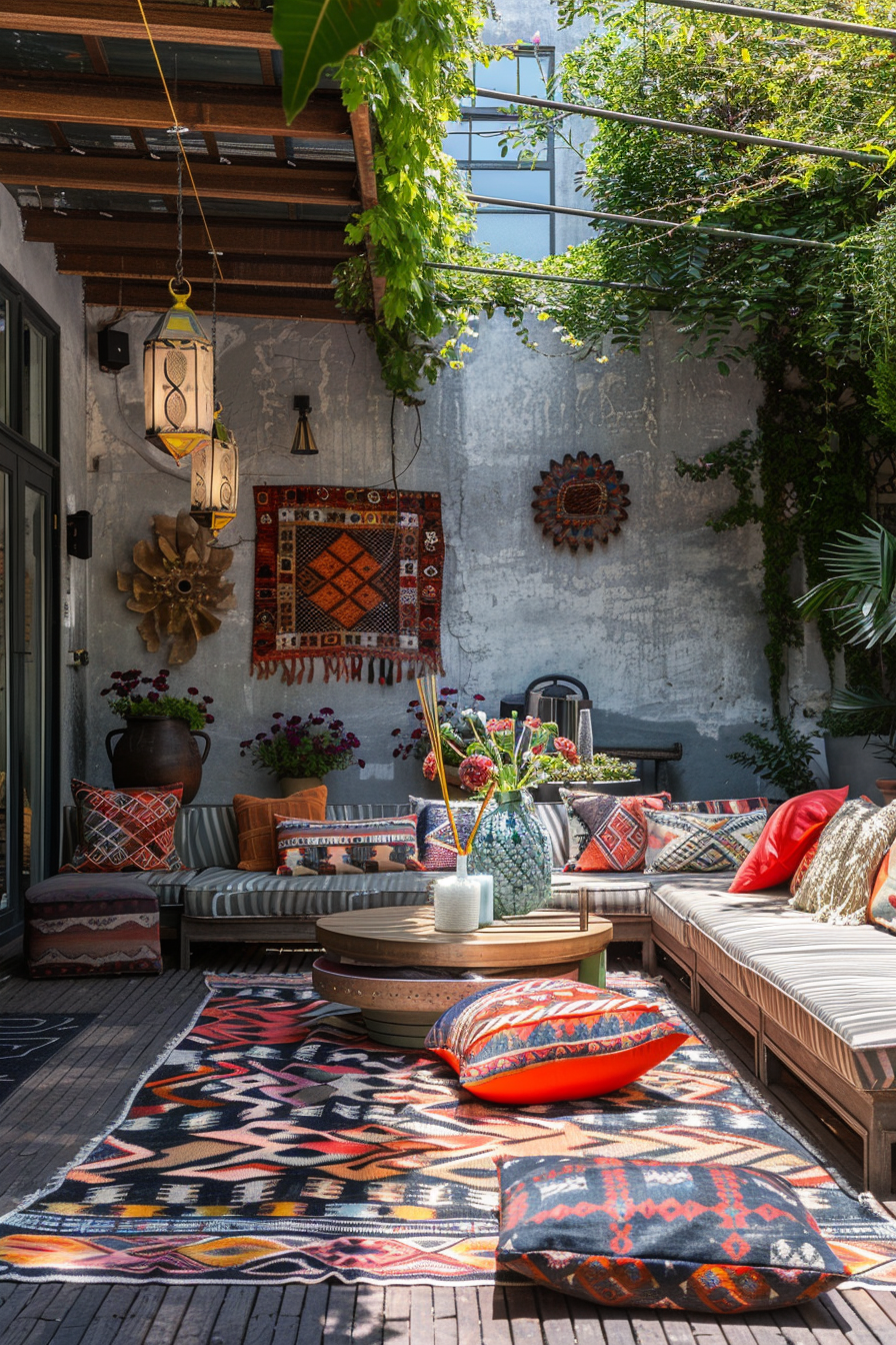 Cozy outdoor seating area with eclectic mix of textiles and patterns, vibrant cushions, potted plants, and hanging lanterns.