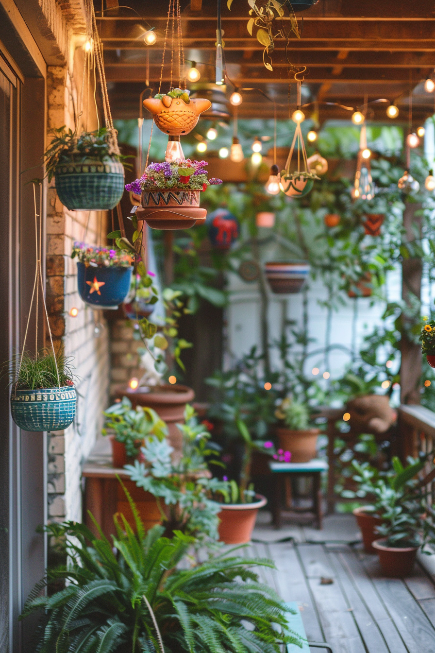 Cozy balcony filled with potted plants and hanging baskets, adorned with twinkling lights and bohemian decor.