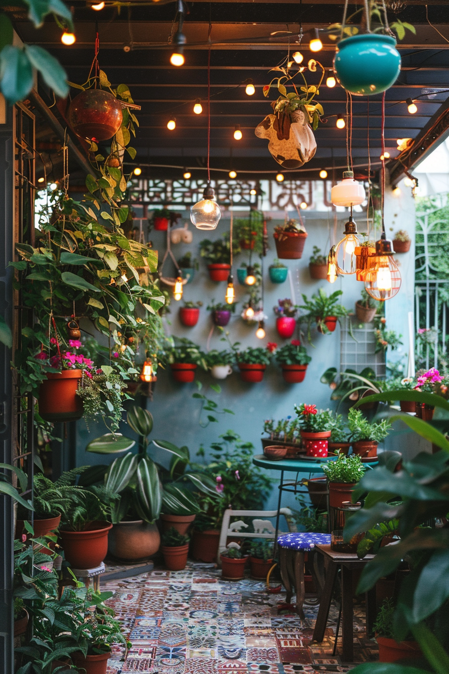 Cozy balcony garden with hanging plants, decorative lights, and patterned tiles, creating a tranquil urban oasis.
