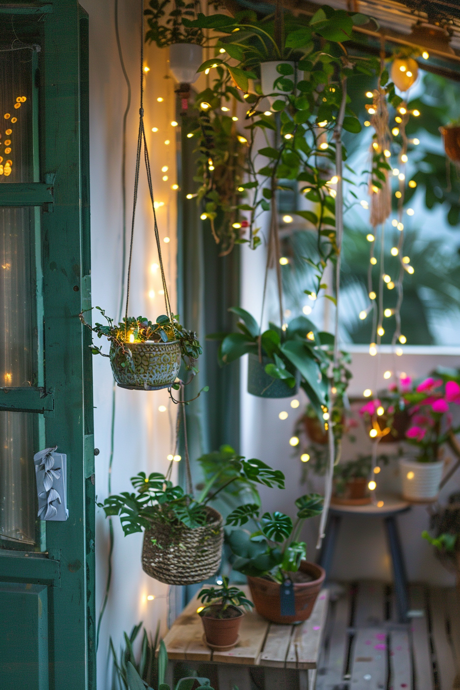 Cozy corner with hanging potted plants and warm fairy lights near a window with green shutters.