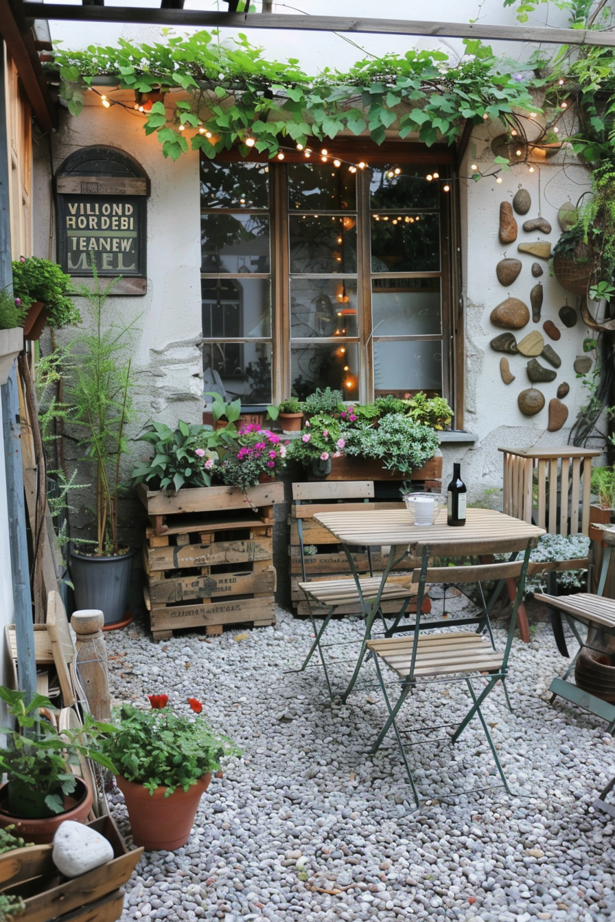 Cozy garden patio with wooden furniture, string lights, hanging plants, and a stone pathway.