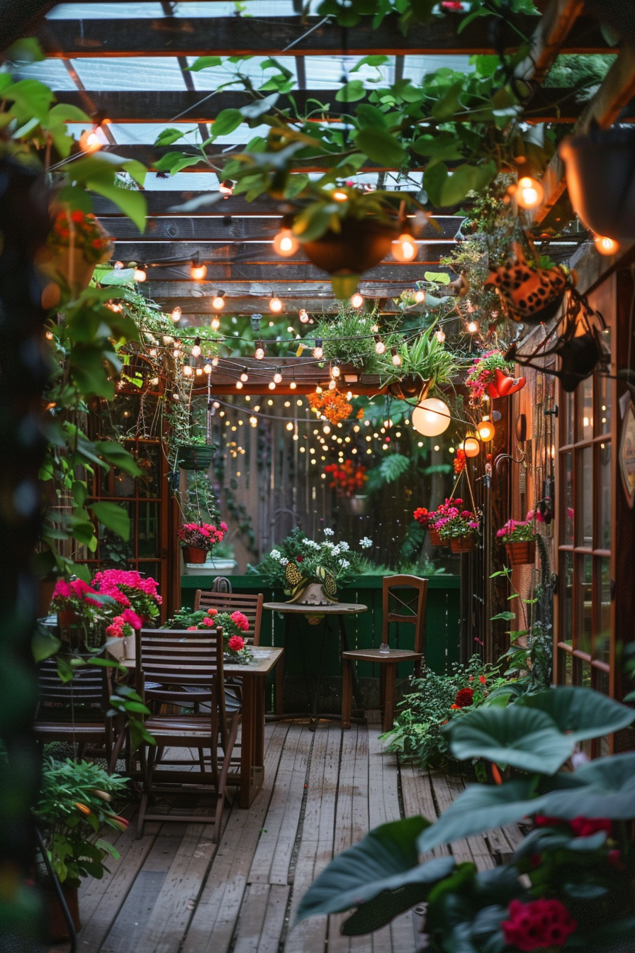 Cozy garden patio adorned with hanging lights, potted plants, and wooden furniture, exuding a peaceful ambiance.