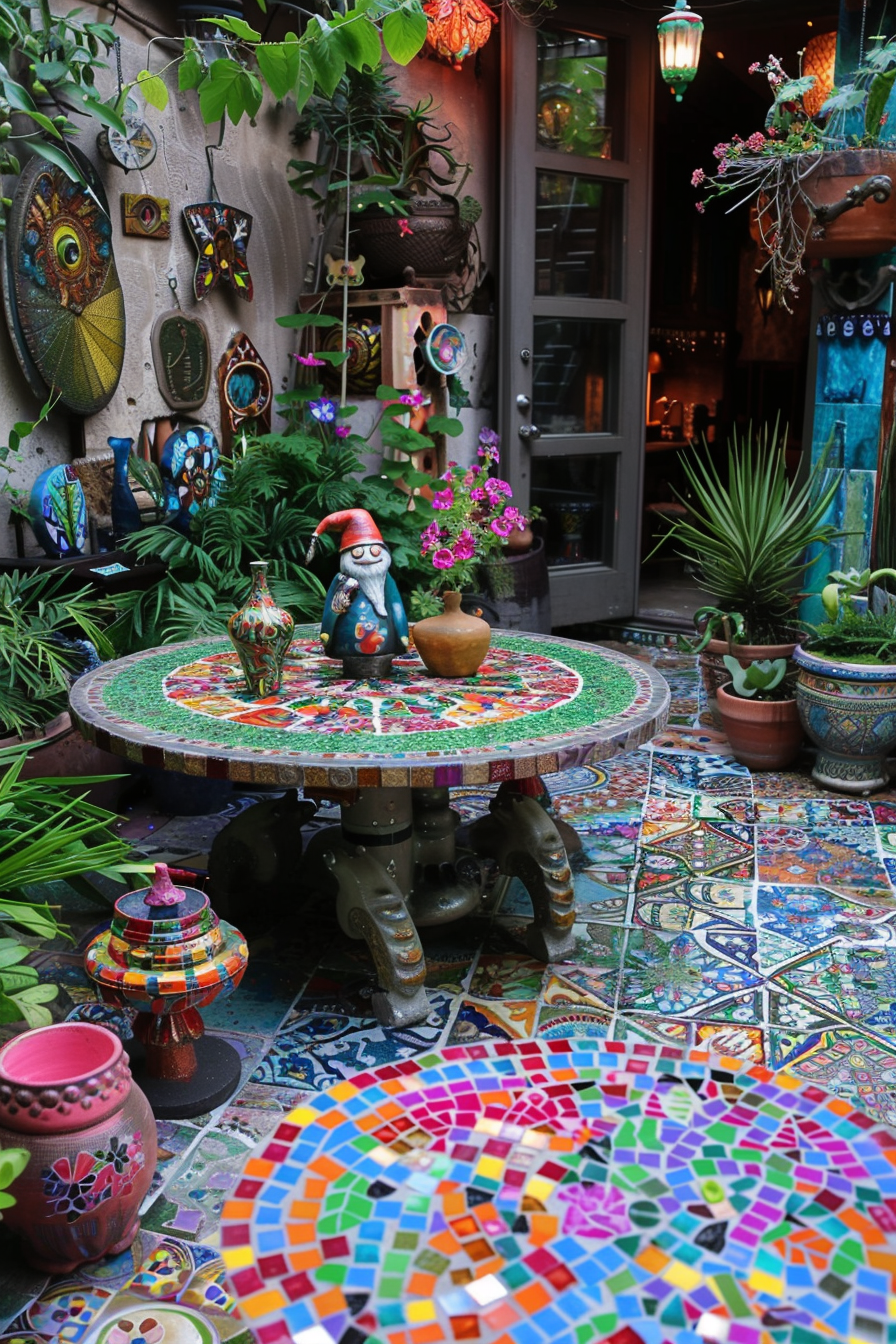 Colorful garden patio with mosaic tables, vibrant plants, decorative pottery, and eclectic ornaments.