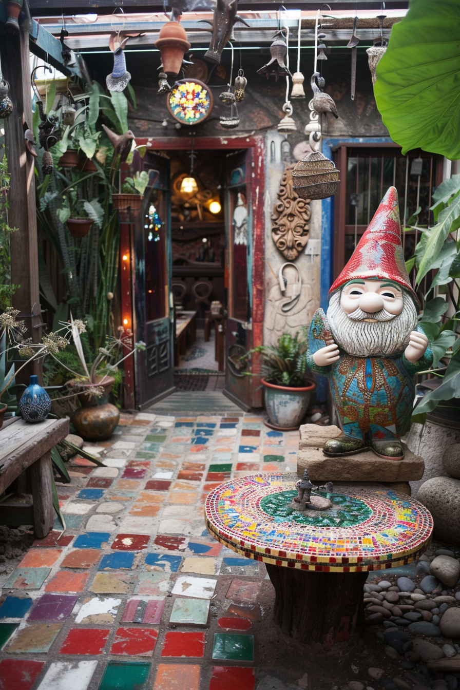 A colorful garden area with mosaic tiles, a garden gnome statue on a table, and hanging bells leading to a cozy interior entrance.