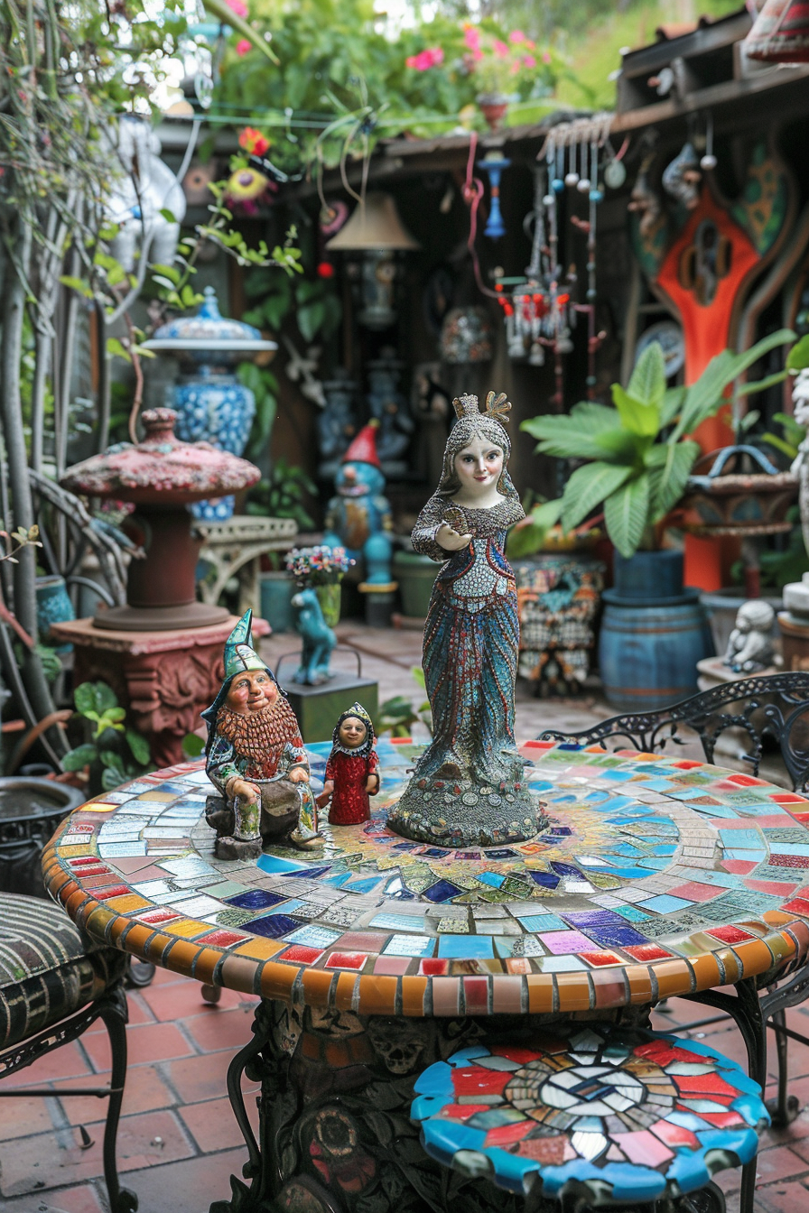 ALT: An intricately decorated garden with mosaic tables, a statuette of a woman in a gown, and whimsical gnome figurines among lush greenery.
