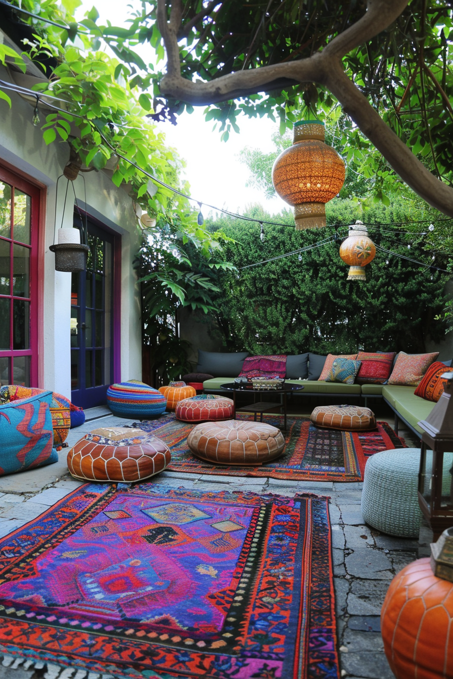 Cozy outdoor seating area with colorful cushions and rugs, hanging lanterns, and a string of lights among greenery.