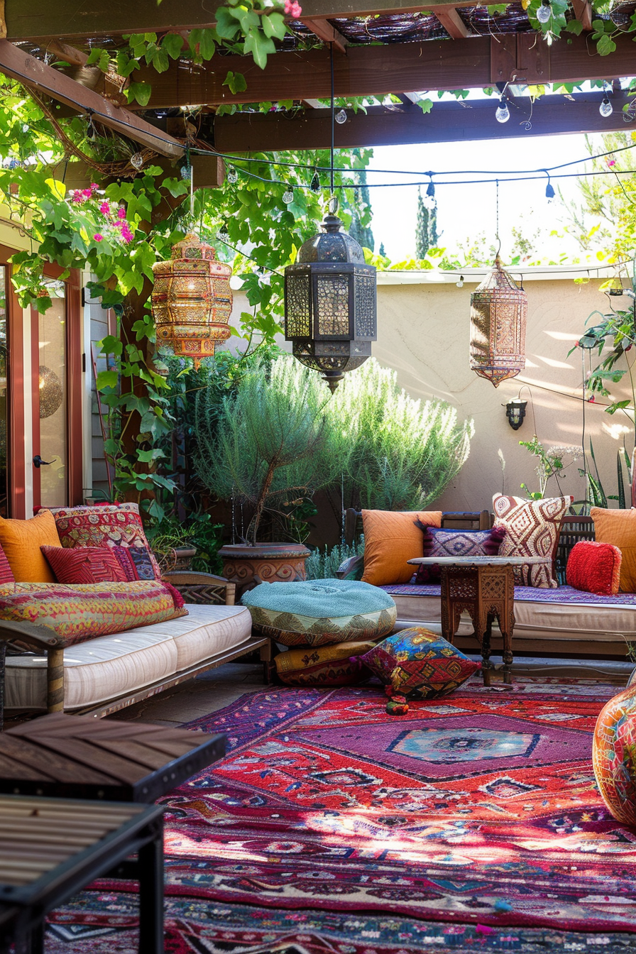 Cozy outdoor patio with colorful cushions, rugs, hanging lanterns, and greenery under a pergola.
