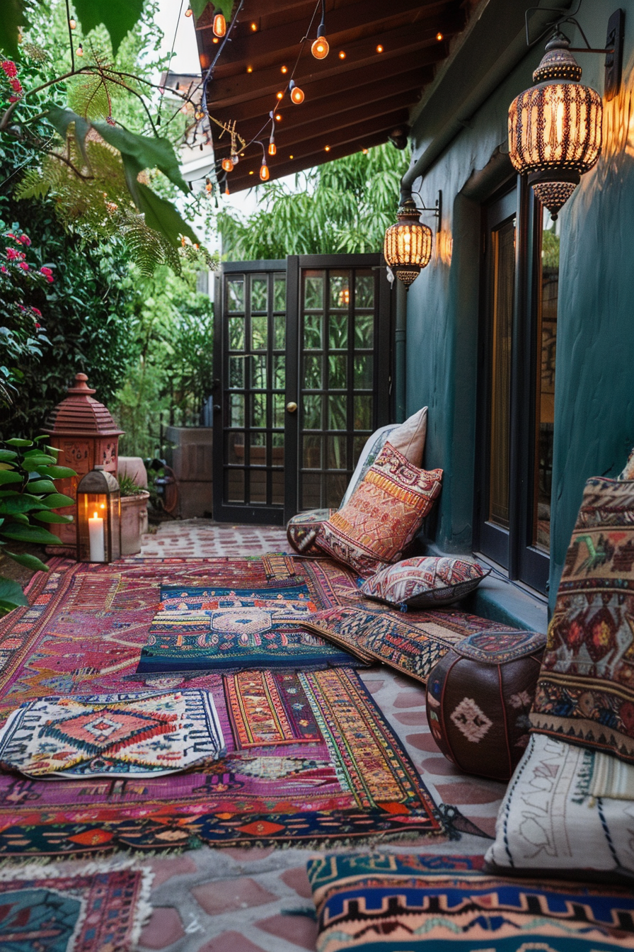 A cozy outdoor space with colorful rugs, pillows, hanging lanterns, and string lights nestled amidst greenery.