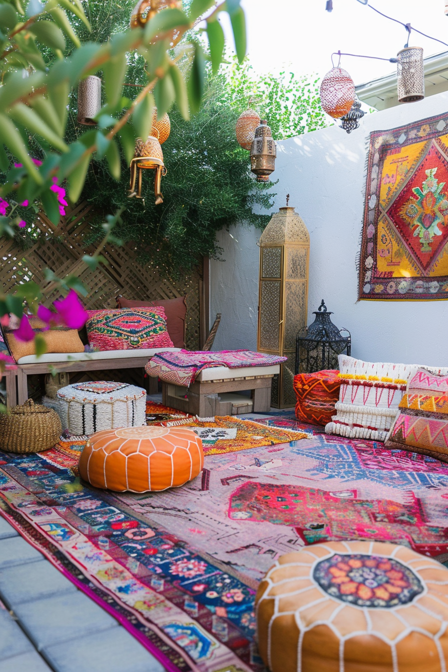 Colorful and cozy outdoor seating area with vibrant rugs, cushions, and hanging lanterns.