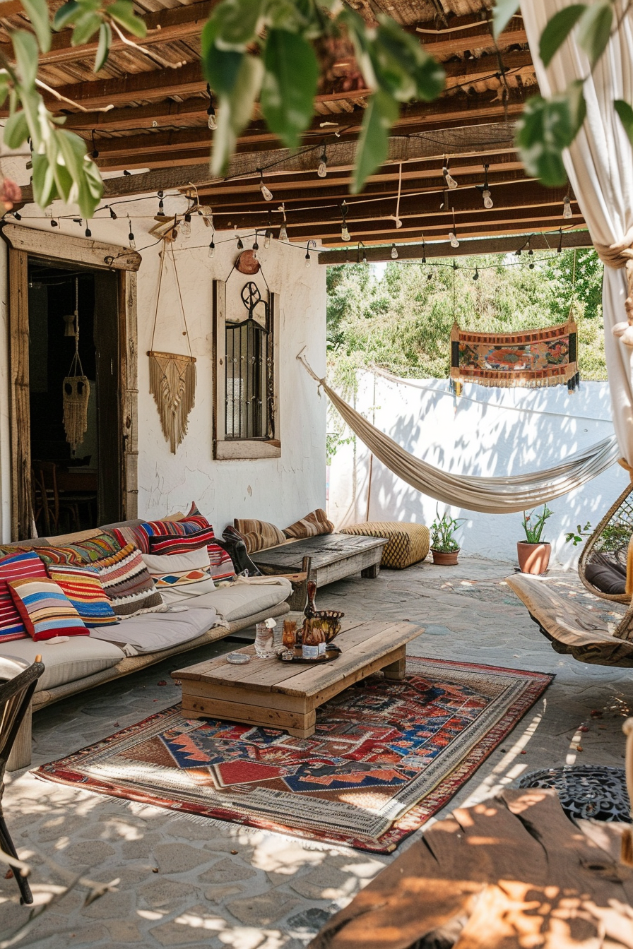 Cozy outdoor living space with hammock, colorful cushions, rustic furniture, and oriental rug under a shaded patio.