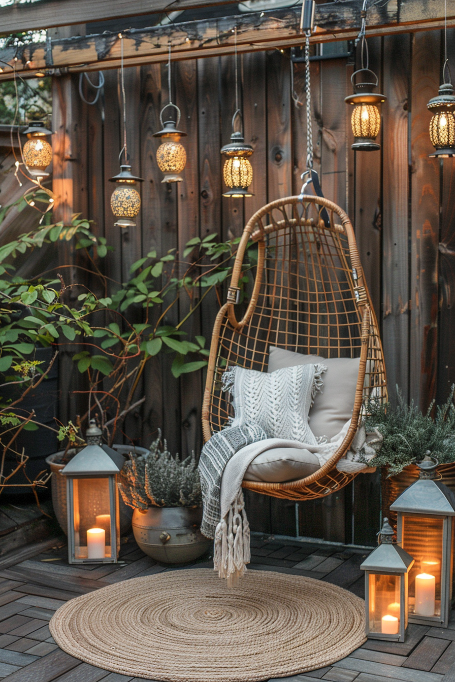 Cozy outdoor nook with a wicker hanging chair, cushions, throw blanket, lanterns, and surrounding greenery at dusk.
