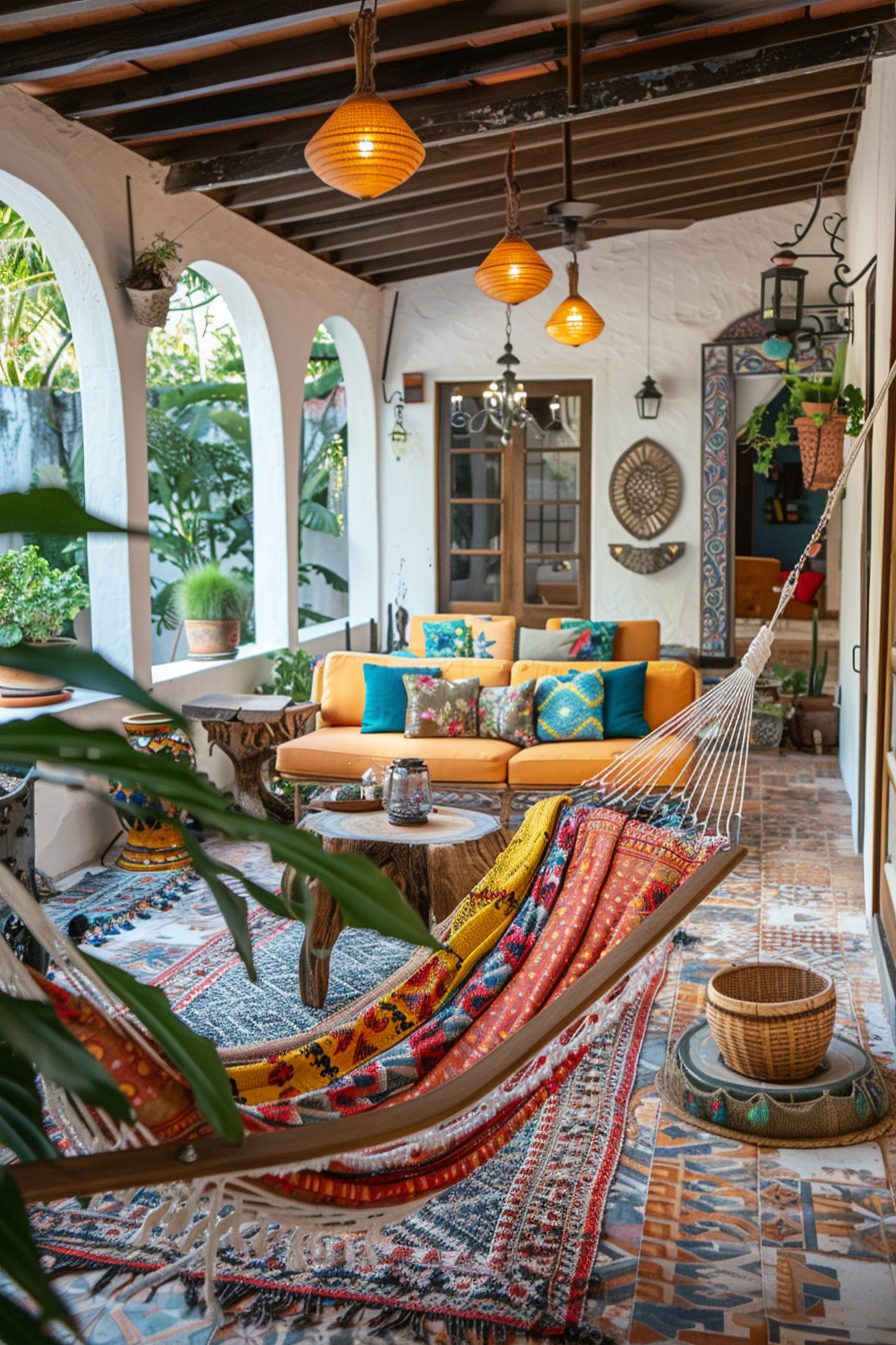 A cozy bohemian-style patio with colorful cushions, rugs, a hammock, and hanging lights.