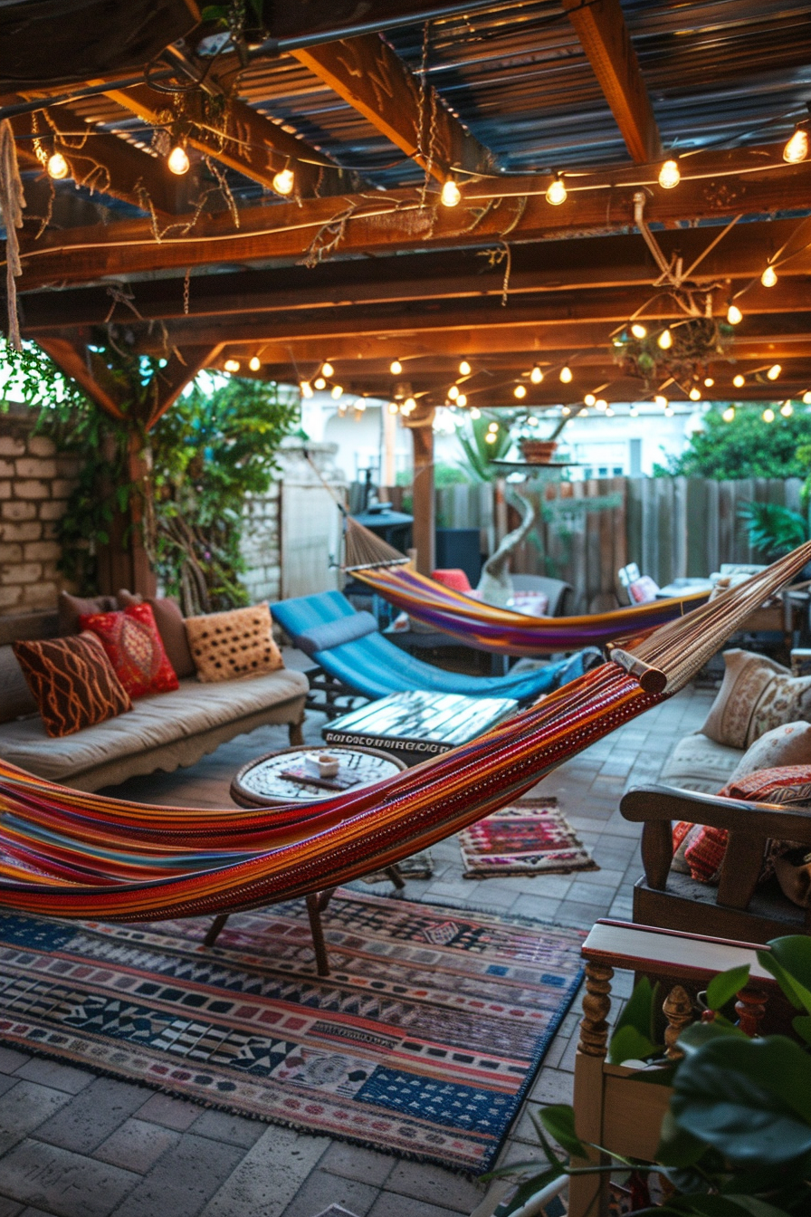 Cozy outdoor patio with string lights and multiple colorful hammocks, cushioned seats, and patterned rugs.