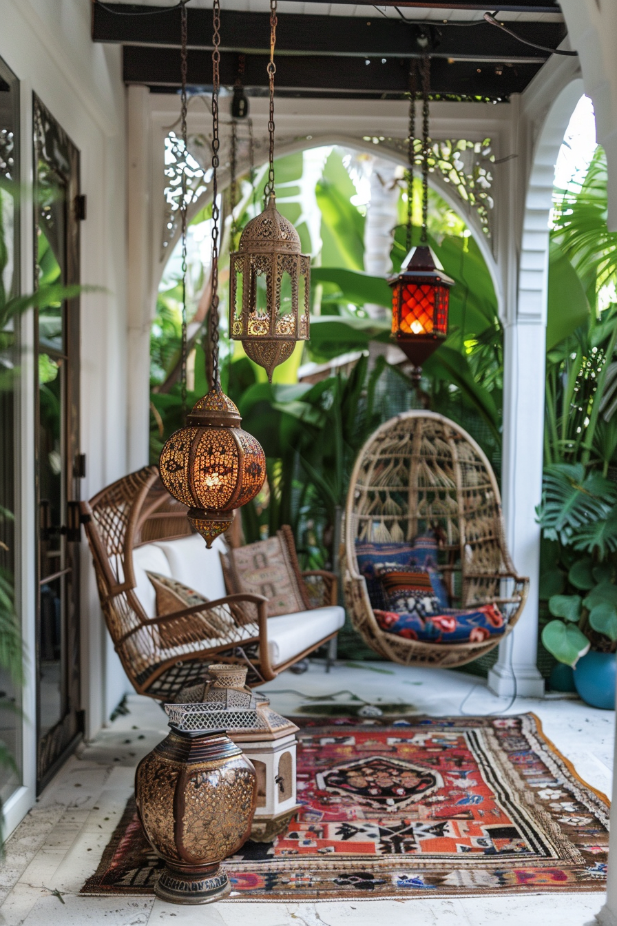 ALT: A cozy bohemian-style porch with hanging lanterns, wicker chairs, a swing chair, exotic plants, and an ornate rug.