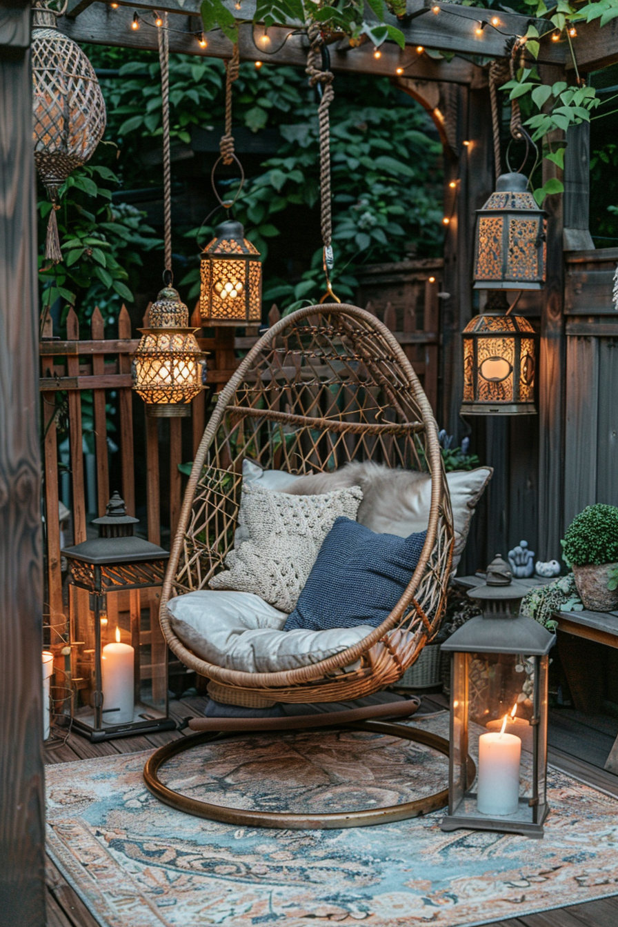 Cozy outdoor patio with hanging lanterns, string lights, a cushioned egg chair, and decorative candles at dusk.
