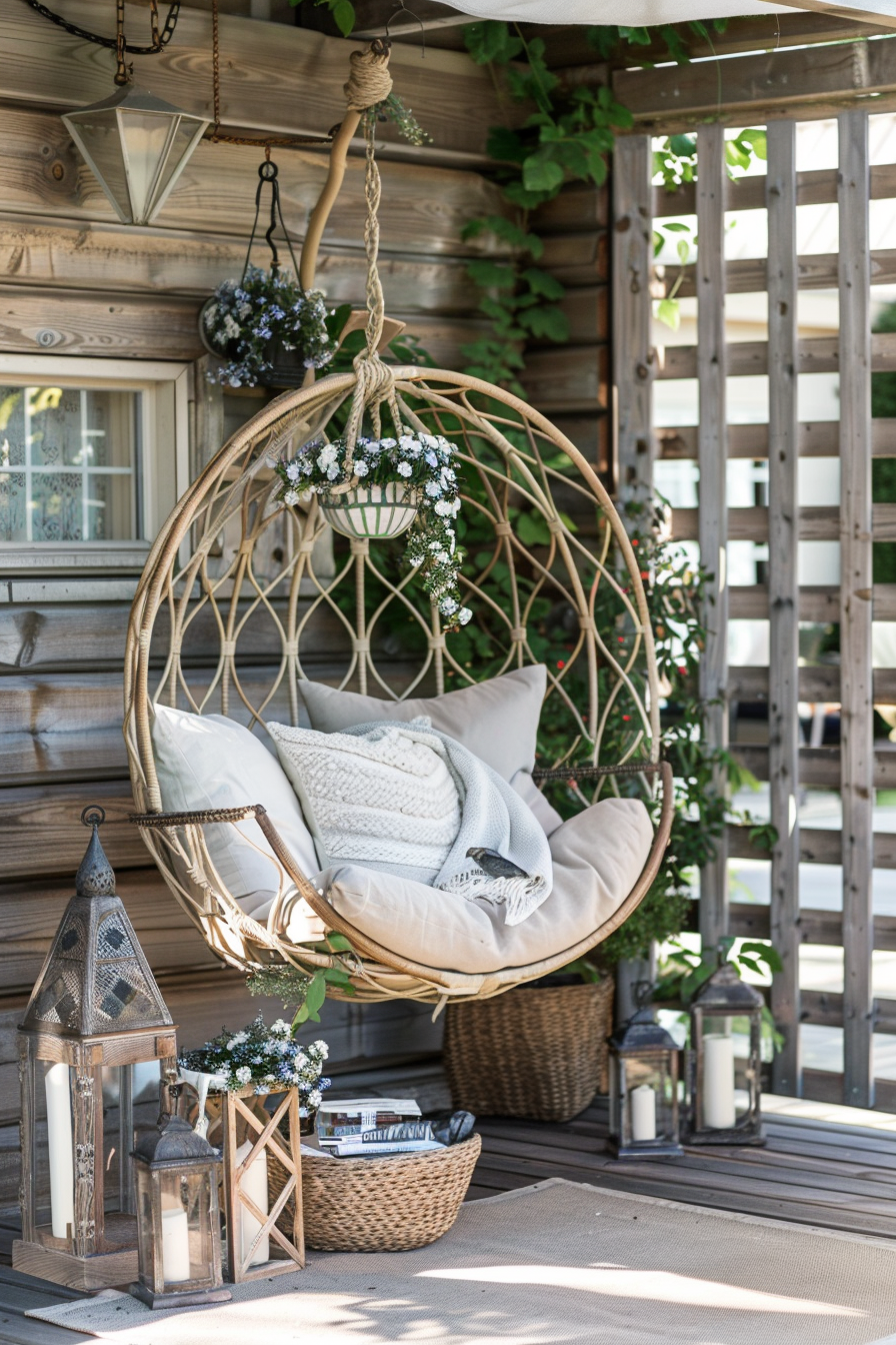 Cozy outdoor patio with a hanging rattan egg chair, cushions, knit blanket, and decorative lanterns amidst green plants.