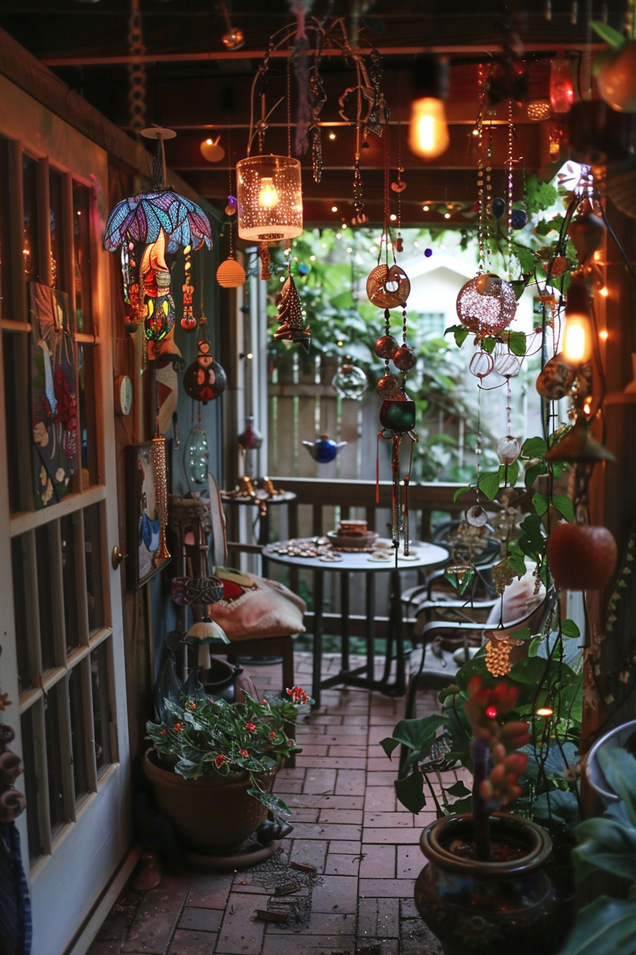 A cozy balcony decorated with eclectic hanging lanterns, wind chimes, and plants, with a small table set for an intimate gathering.
