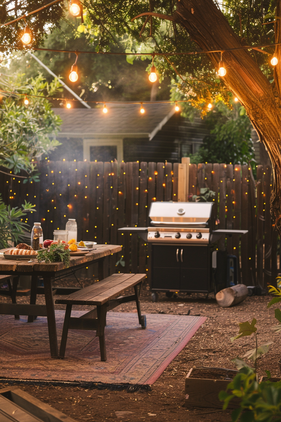 Cozy backyard evening scene with string lights, BBQ grill, and a rustic wooden dining table set with food.