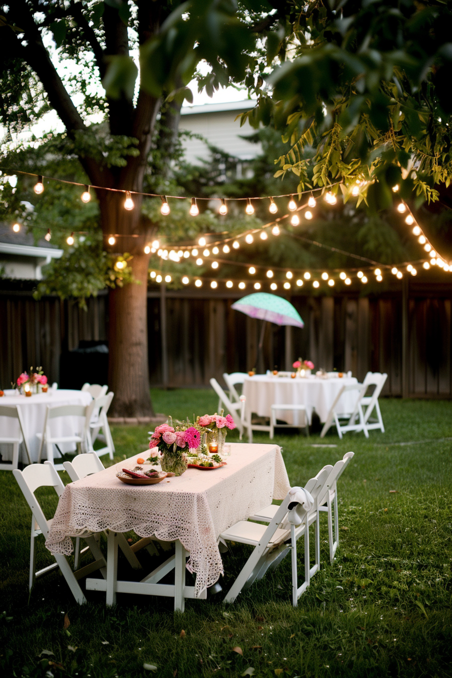 Elegantly set tables for an outdoor event adorned with flowers under string lights in a garden at dusk.
