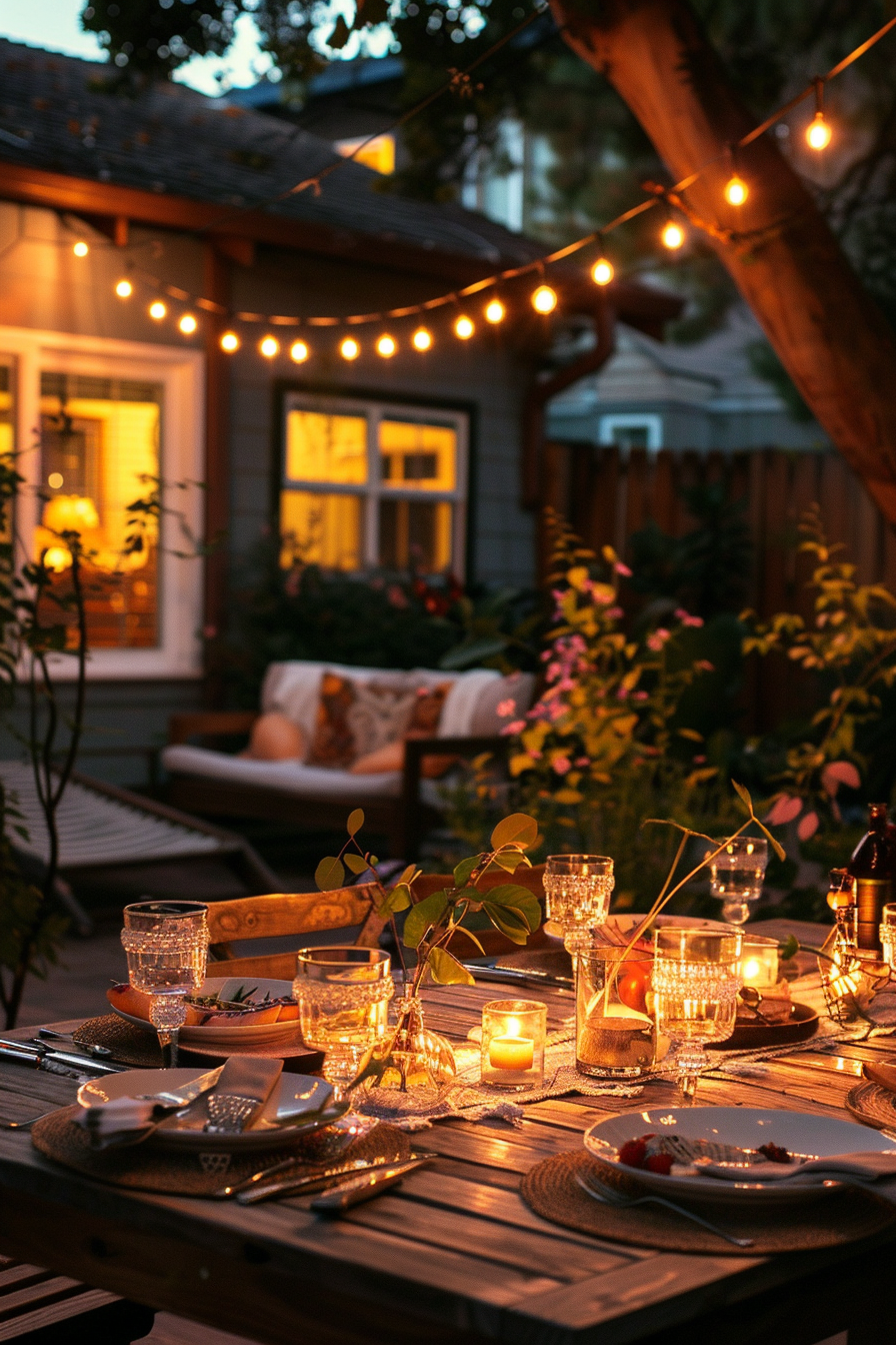 Outdoor evening dinner setup with lit candles and string lights, warm ambiance, wooden table, and a background of a cozy house.