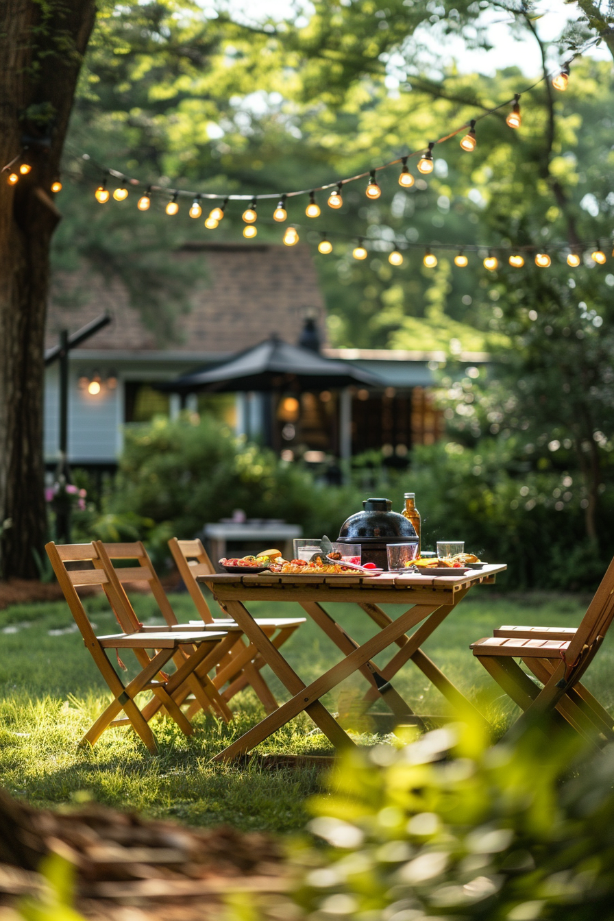 Wooden table set with food for an outdoor meal, string lights above, in a lush backyard with a house in the background.