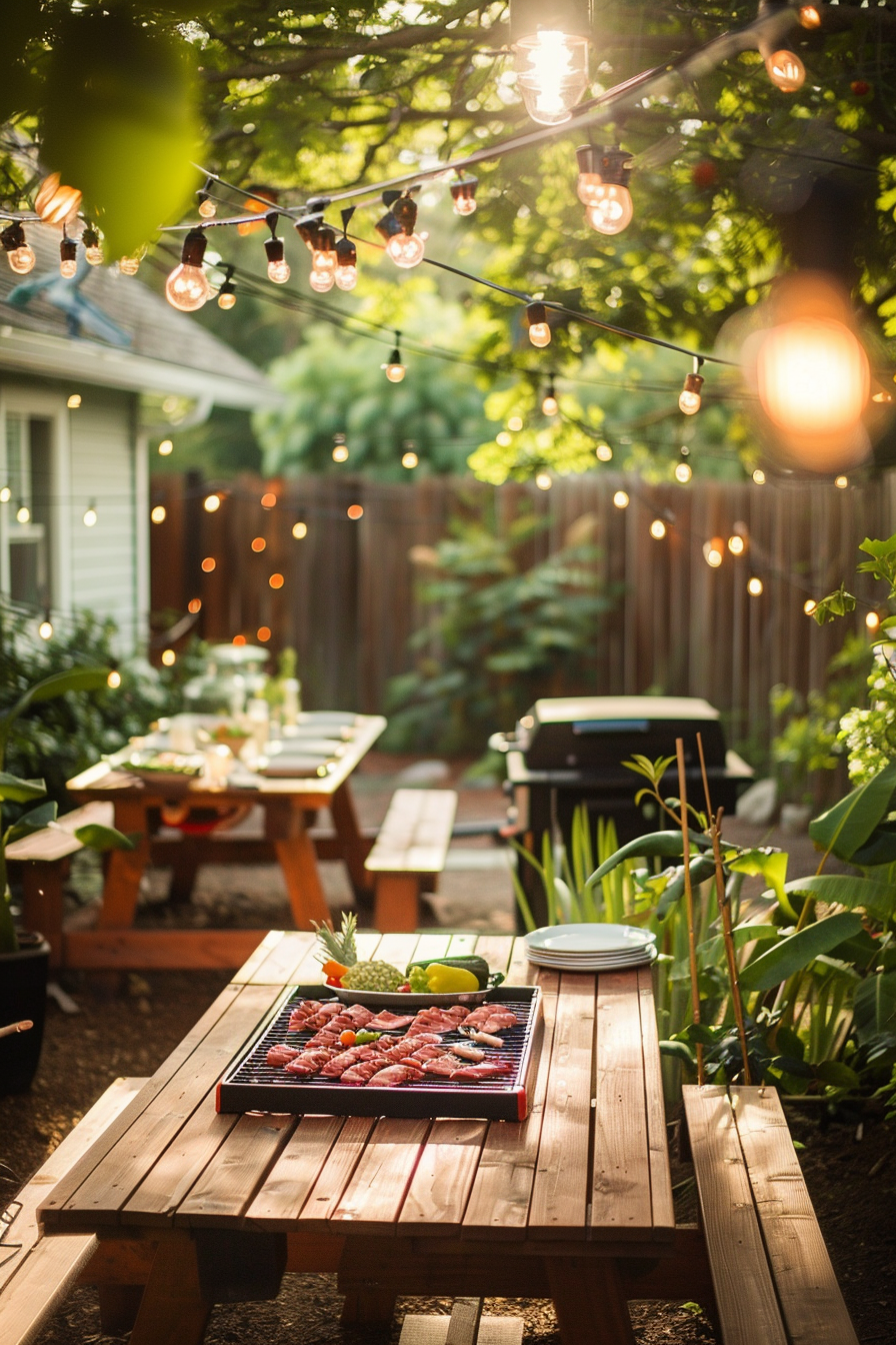 String lights over a cozy backyard setting with a table set for dining and a grill with food ready to be cooked.