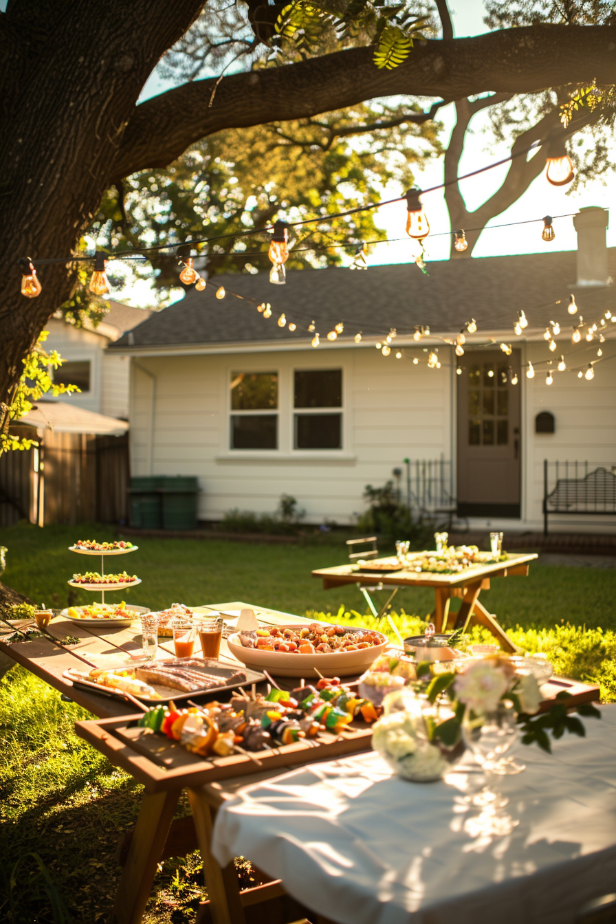 Outdoor garden party with tables set with food and string lights, near a house, at sunset.
