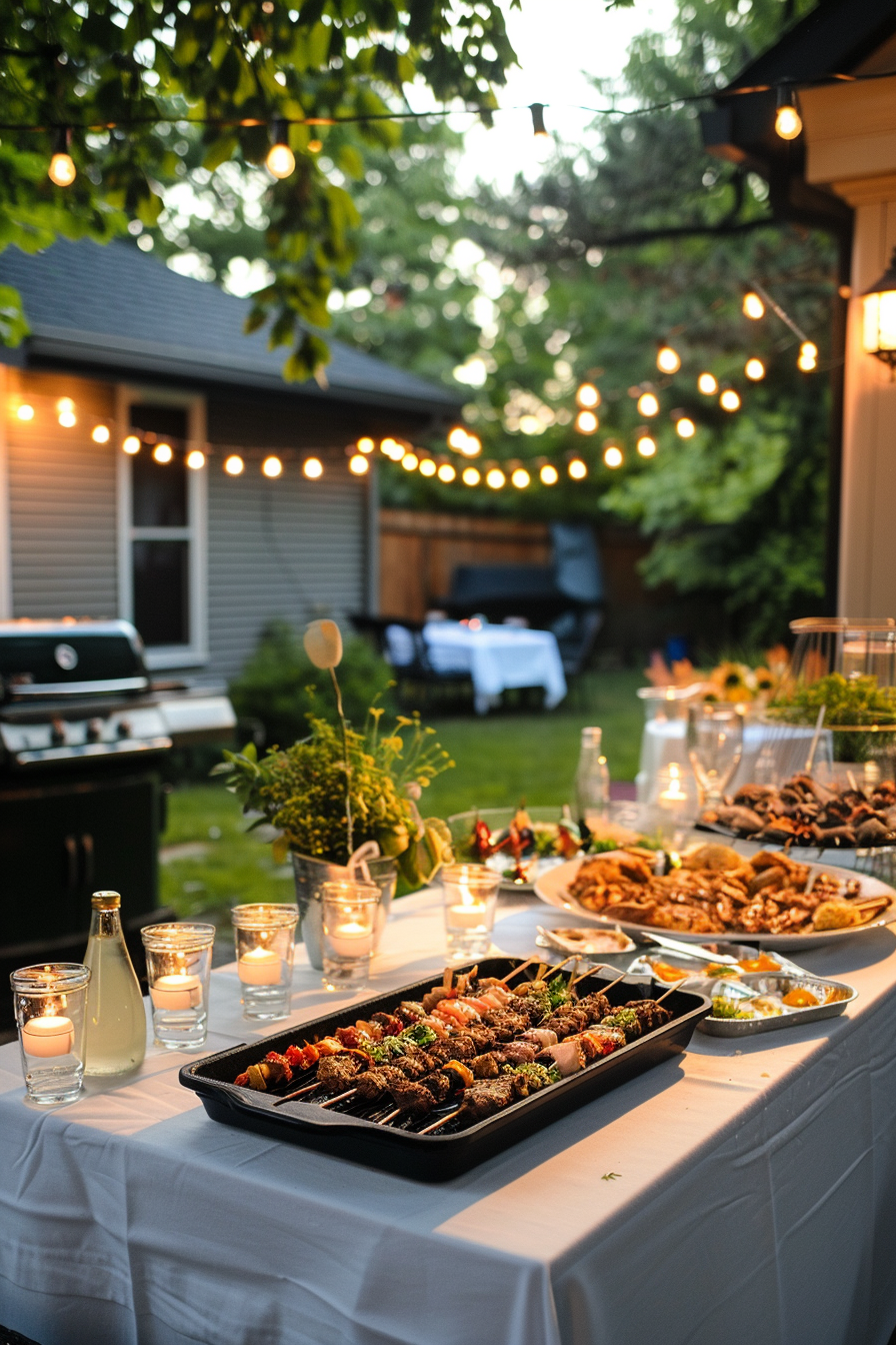 Alt text: Outdoor evening party setting with a table full of food, string lights above, and a barbecue grill in the background.