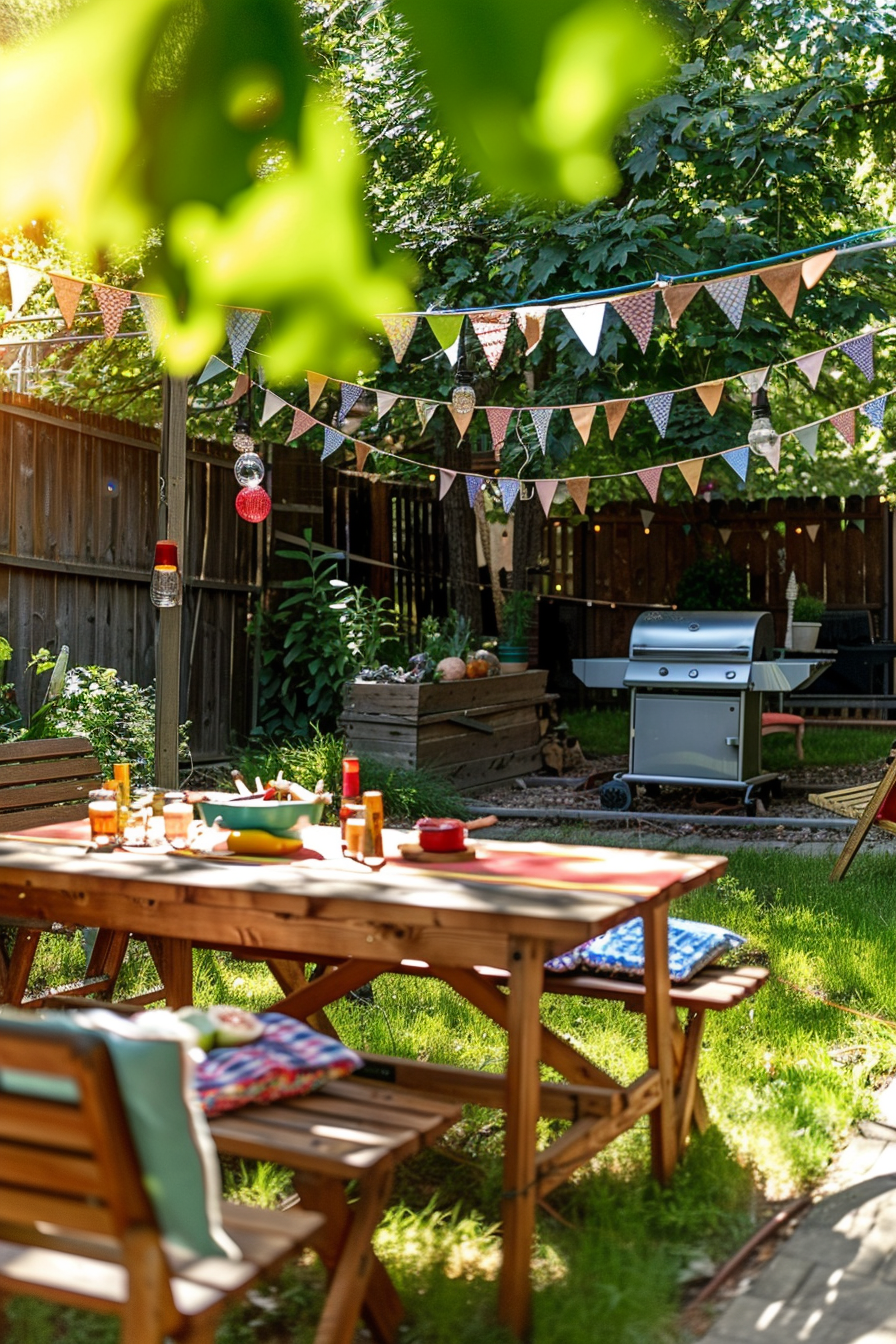 A sunny backyard scene with a festive table setup for a garden party, complete with hanging lights and a barbecue grill in the background.