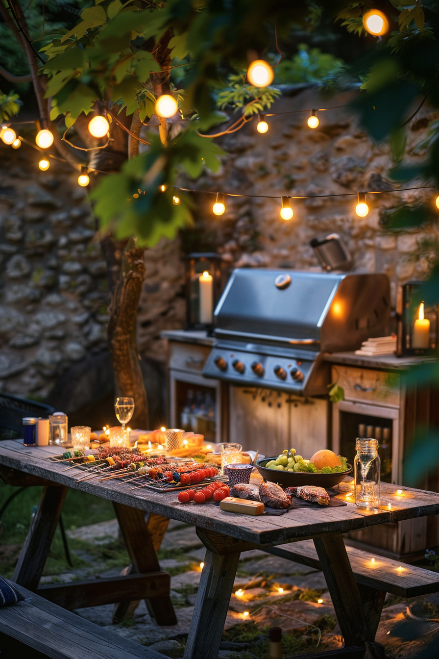 Outdoor evening barbecue setting with a table full of food, string lights overhead, and a grill in the background.