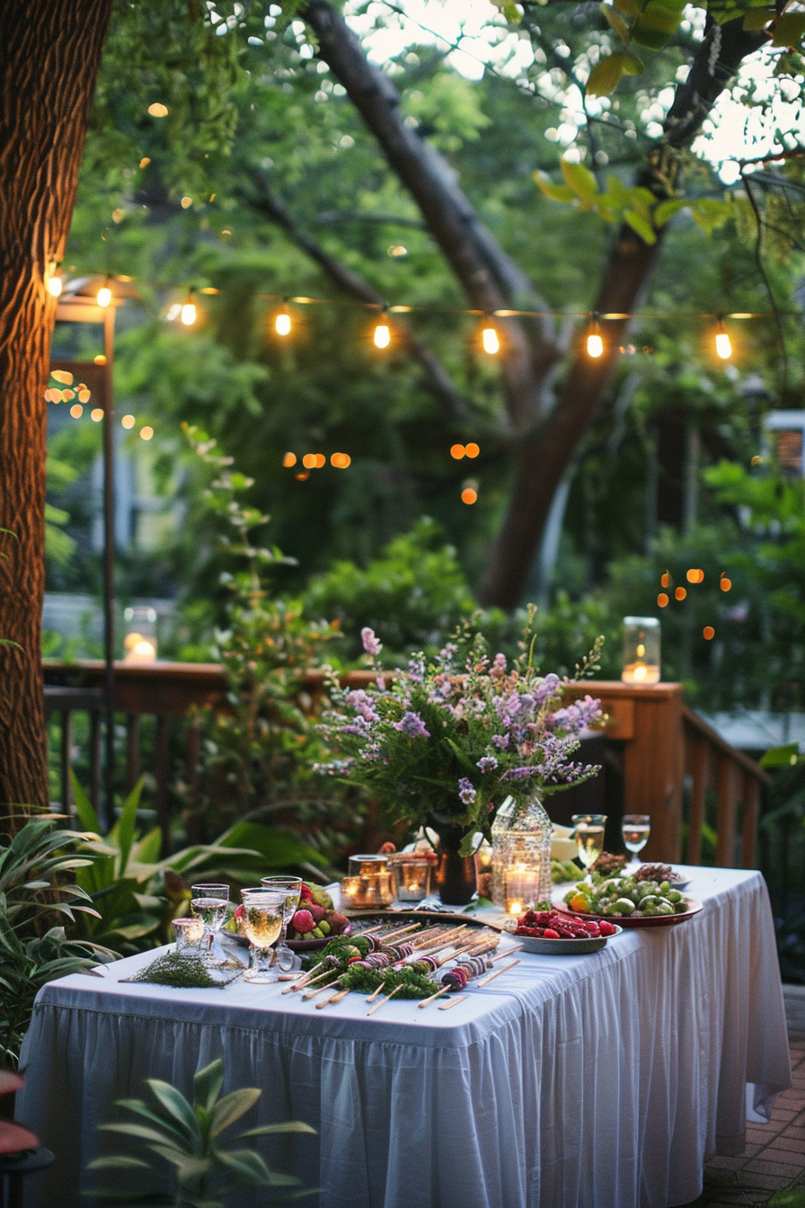 Alt text: Outdoor dining setup at dusk with string lights, a table adorned with food and flowers, creating a warm and inviting atmosphere.