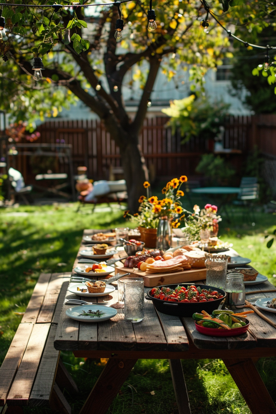 ALT: A rustic outdoor table set for a meal adorned with various dishes and a vase of sunflowers, string lights overhead, in a sunlit backyard.