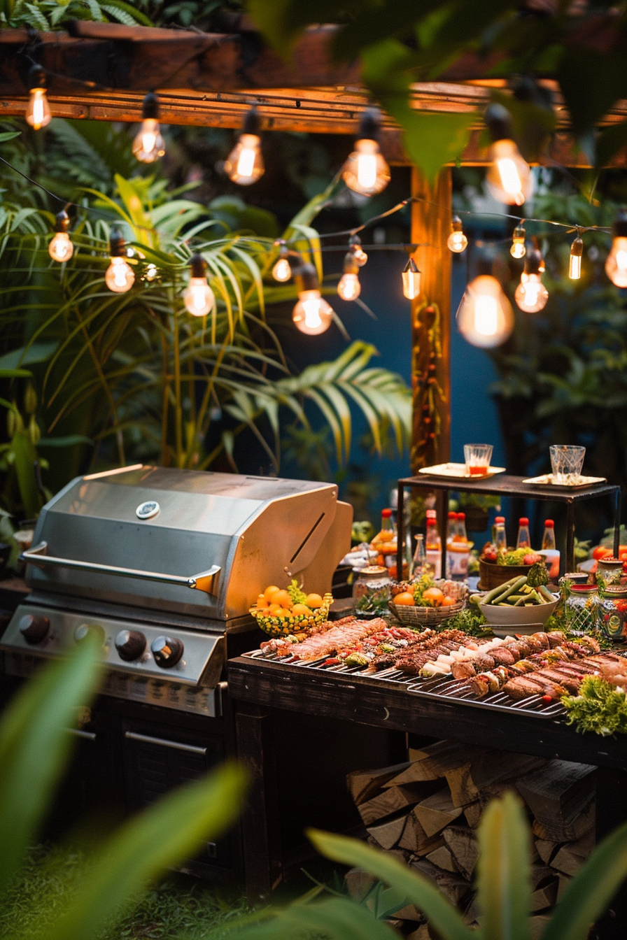 An outdoor barbecue setup with a variety of grilled foods on the grill, surrounded by lush greenery and string lights above.