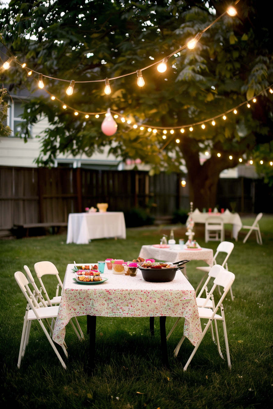 String lights over an outdoor dining setup with a table of food in a backyard during dusk.