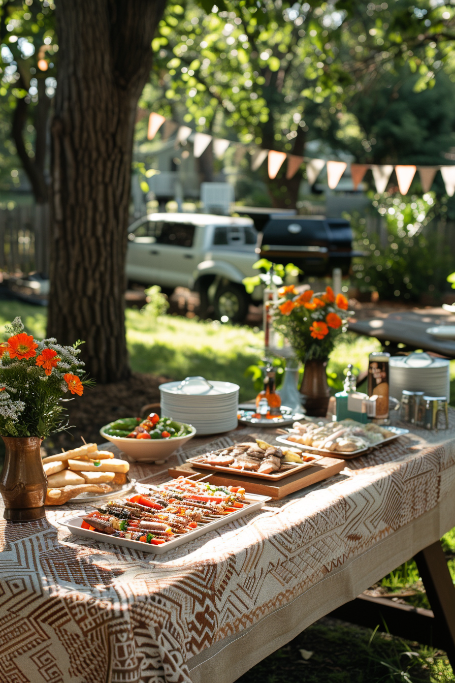 Outdoor garden party setting with a table filled with various dishes and a string of pennant banners in the background.