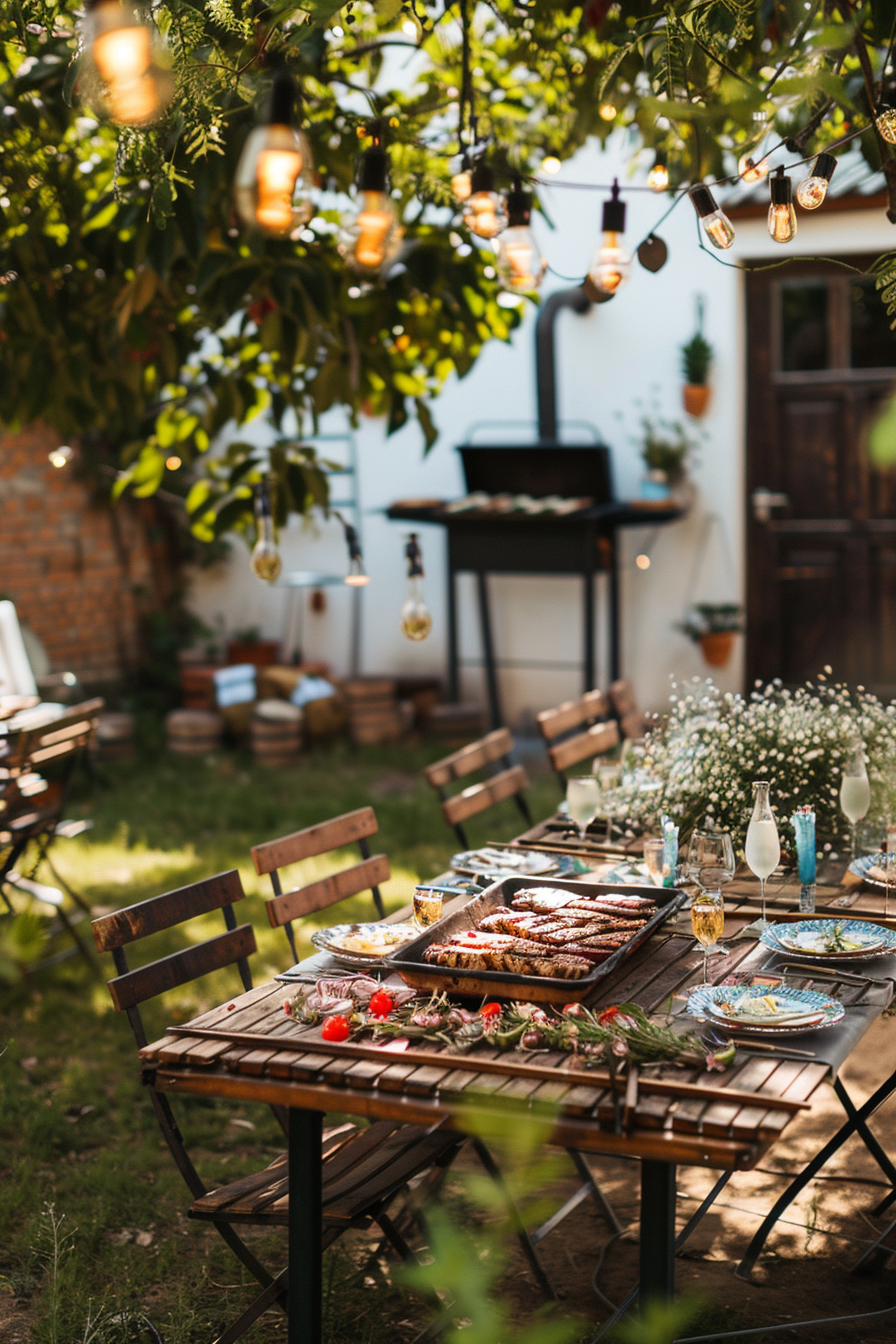 Outdoor dining scene with a wooden table set with food, surrounded by string lights, chairs, and greenery.