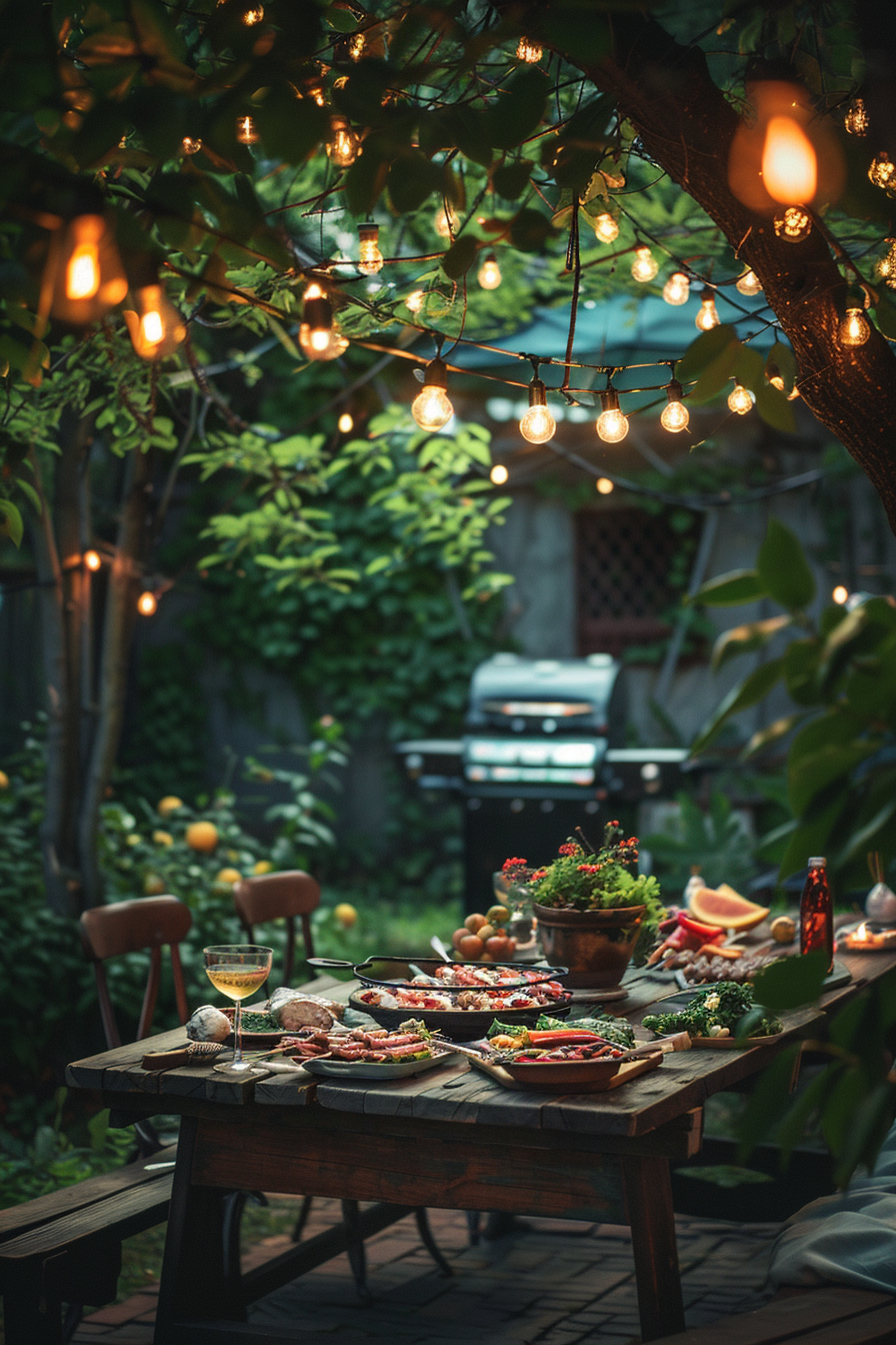 A cozy garden patio with a table full of food and drinks, illuminated by string lights, with a barbecue grill in the background.